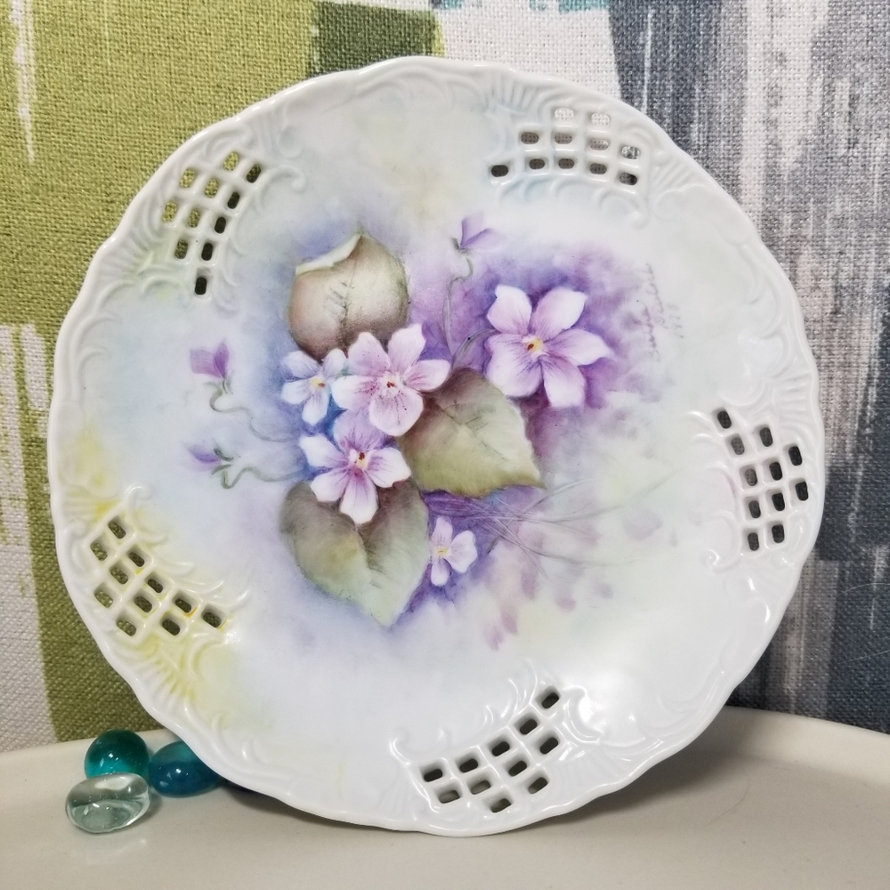 Vintage Antique Hand Painted Small Purple Floral Porcelain Plate Signed & Dated
